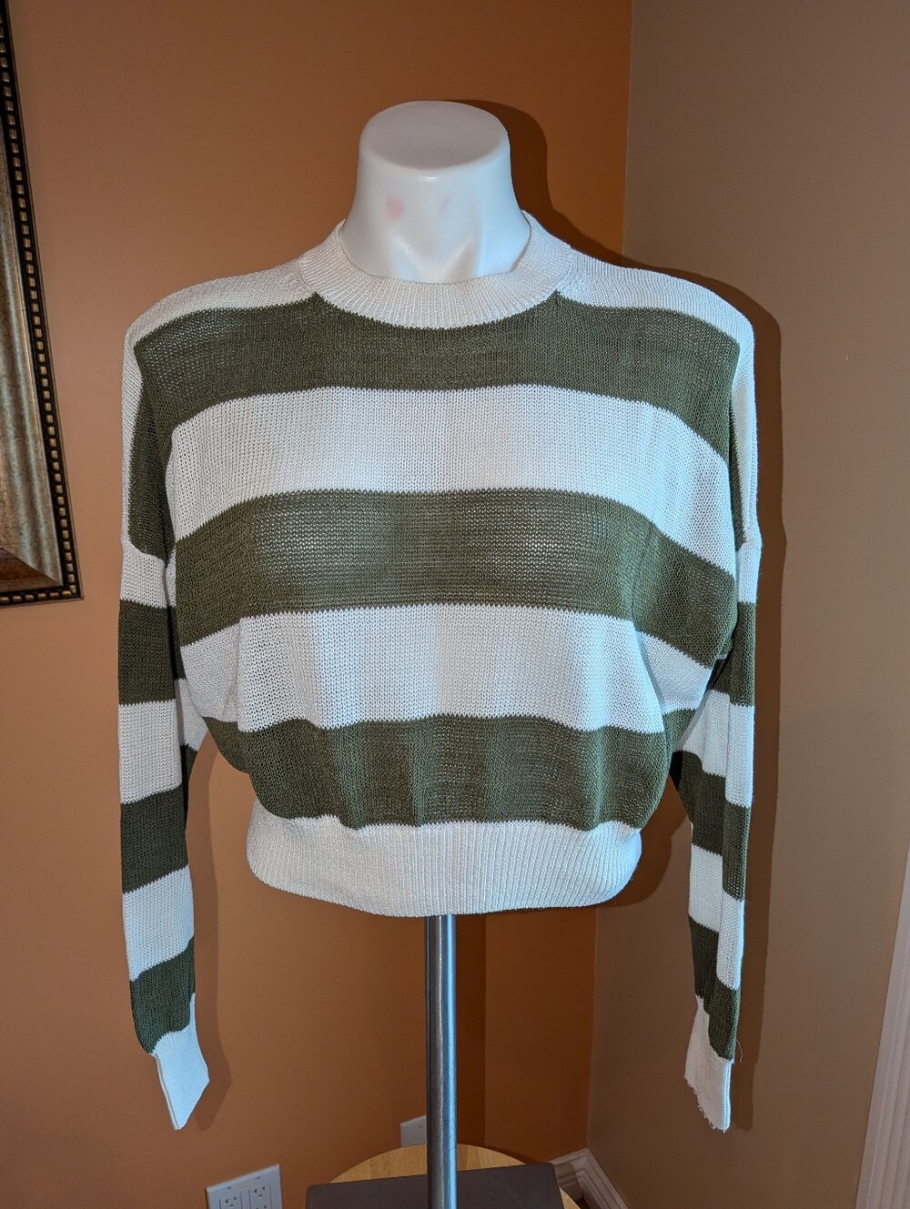Madewell J. Crew Olive and White Striped Crewneck Sweater Size M